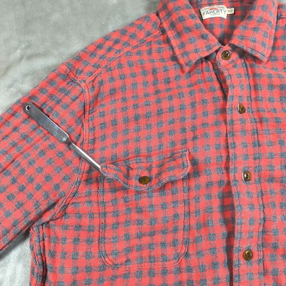 Faherty Flannel Shirt Mens Medium Red Gray Button Up Gingham Check  Cotton - Picture 3 of 12